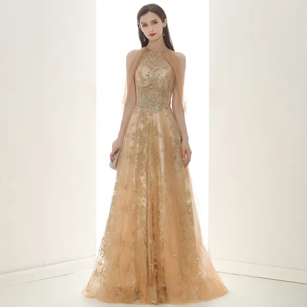 Elegant Champagne Gold See-through Evening Dresses  2020 A-Line / Princess Scoop Neck Sleeveless Appliques Sequins Beading Glitter Tulle Sweep Train Ruffle