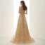 Elegante Champagner Gold Durchsichtige Abendkleider 2020 A Linie Rundhalsausschnitt Ärmellos Applikationen Pailletten Perlenstickerei Glanz Tülle Sweep / Pinsel Zug Rüschen
