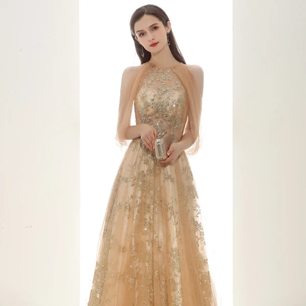 Elegante Champagner Gold Durchsichtige Abendkleider 2020 A Linie Rundhalsausschnitt Ärmellos Applikationen Pailletten Perlenstickerei Glanz Tülle Sweep / Pinsel Zug Rüschen