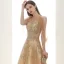 Elegante Champagner Gold Durchsichtige Abendkleider 2020 A Linie Rundhalsausschnitt Ärmellos Applikationen Pailletten Perlenstickerei Glanz Tülle Sweep / Pinsel Zug Rüschen