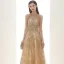 Elegante Champagner Gold Durchsichtige Abendkleider 2020 A Linie Rundhalsausschnitt Ärmellos Applikationen Pailletten Perlenstickerei Glanz Tülle Sweep / Pinsel Zug Rüschen