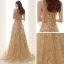Elegante Champagner Gold Durchsichtige Abendkleider 2020 A Linie Rundhalsausschnitt Ärmellos Applikationen Pailletten Perlenstickerei Glanz Tülle Sweep / Pinsel Zug Rüschen