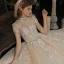 Luxury / Gorgeous Champagne See-through Bridal Wedding Dresses 2020 Ball Gown High Neck Short Sleeve Backless Appliques Lace Handmade  Beading Glitter Tulle Cathedral Train