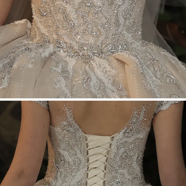 Luxury / Gorgeous Champagne See-through Bridal Wedding Dresses 2020 Ball Gown High Neck Short Sleeve Backless Appliques Lace Handmade  Beading Glitter Tulle Cathedral Train
