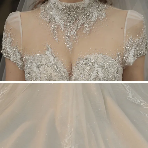 Luxury / Gorgeous Champagne See-through Bridal Wedding Dresses 2020 Ball Gown High Neck Short Sleeve Backless Appliques Lace Handmade  Beading Glitter Tulle Cathedral Train
