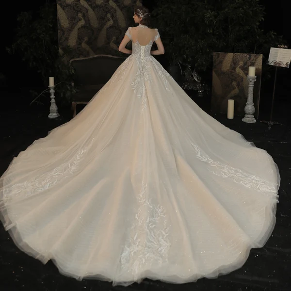Luxury / Gorgeous Champagne See-through Bridal Wedding Dresses 2020 Ball Gown High Neck Short Sleeve Backless Appliques Lace Handmade  Beading Glitter Tulle Cathedral Train