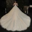 Luxury / Gorgeous Champagne See-through Bridal Wedding Dresses 2020 Ball Gown High Neck Short Sleeve Backless Appliques Lace Handmade  Beading Glitter Tulle Cathedral Train