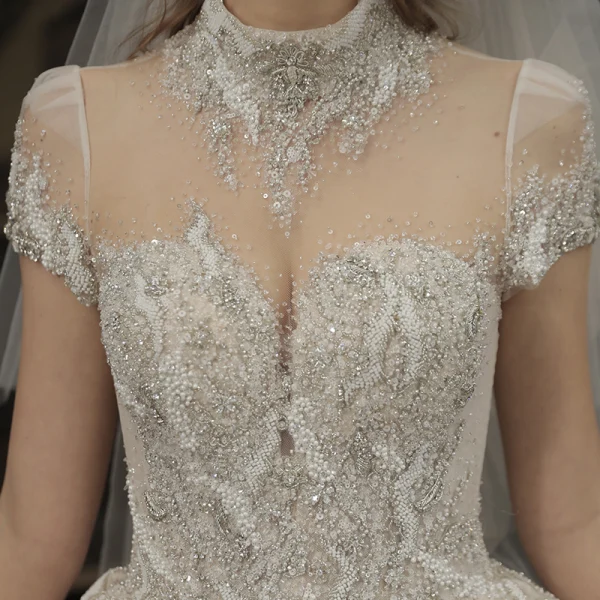Luxury / Gorgeous Champagne See-through Bridal Wedding Dresses 2020 Ball Gown High Neck Short Sleeve Backless Appliques Lace Handmade  Beading Glitter Tulle Cathedral Train