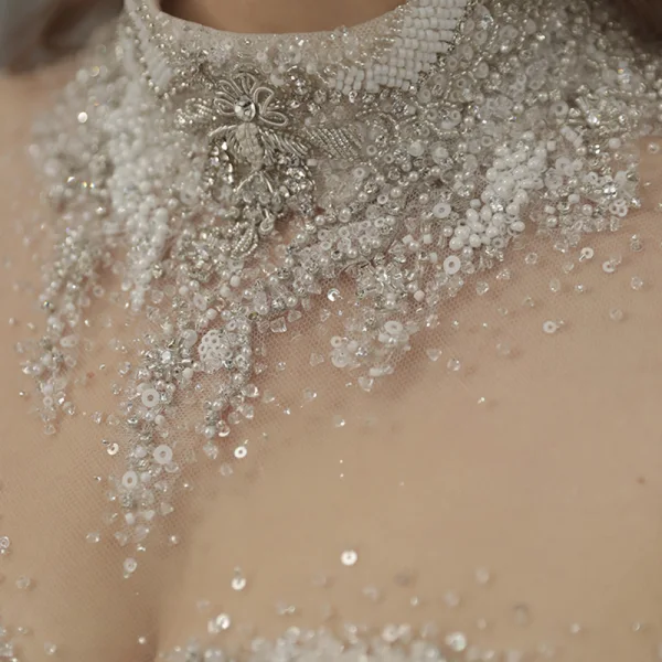 Luxury / Gorgeous Champagne See-through Bridal Wedding Dresses 2020 Ball Gown High Neck Short Sleeve Backless Appliques Lace Handmade  Beading Glitter Tulle Cathedral Train