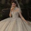 Luxury / Gorgeous Champagne See-through Bridal Wedding Dresses 2020 Ball Gown High Neck Short Sleeve Backless Appliques Lace Handmade  Beading Glitter Tulle Cathedral Train