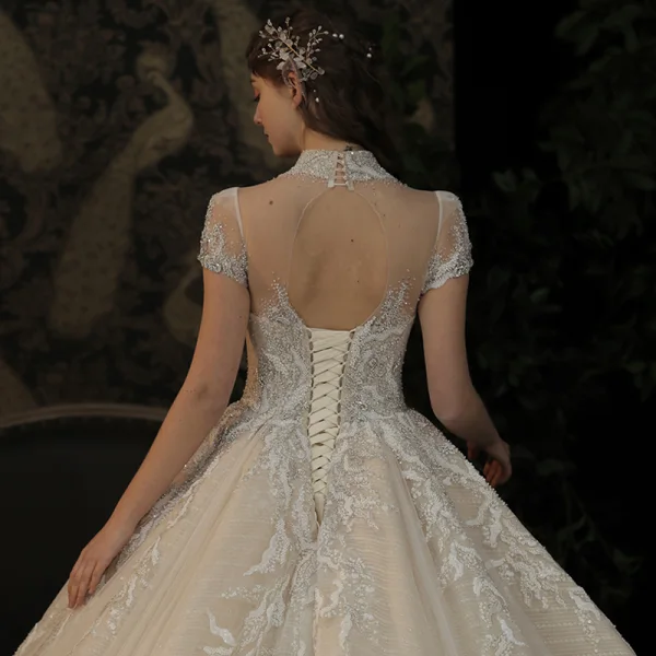 Luxury / Gorgeous Champagne See-through Bridal Wedding Dresses 2020 Ball Gown High Neck Short Sleeve Backless Appliques Lace Handmade  Beading Glitter Tulle Cathedral Train