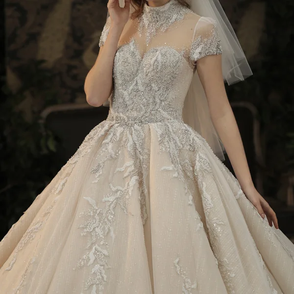 Luxury / Gorgeous Champagne See-through Bridal Wedding Dresses 2020 Ball Gown High Neck Short Sleeve Backless Appliques Lace Handmade  Beading Glitter Tulle Cathedral Train