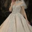 Luxury / Gorgeous Champagne See-through Bridal Wedding Dresses 2020 Ball Gown High Neck Short Sleeve Backless Appliques Lace Handmade  Beading Glitter Tulle Cathedral Train