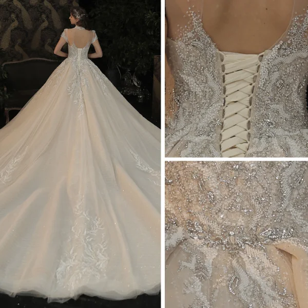 Luxury / Gorgeous Champagne See-through Bridal Wedding Dresses 2020 Ball Gown High Neck Short Sleeve Backless Appliques Lace Handmade  Beading Glitter Tulle Cathedral Train