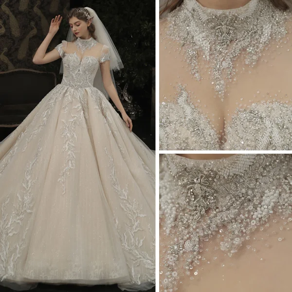 Luxury / Gorgeous Champagne See-through Bridal Wedding Dresses 2020 Ball Gown High Neck Short Sleeve Backless Appliques Lace Handmade  Beading Glitter Tulle Cathedral Train