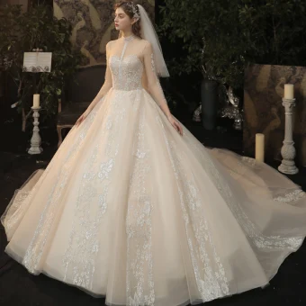 Vintage Retro Champagne See Through Bridal Wedding Dresses 2020 Ball Gown High Neck 3 4 Sleeve Glitter Appliques Flower Chapel Train Ruffle