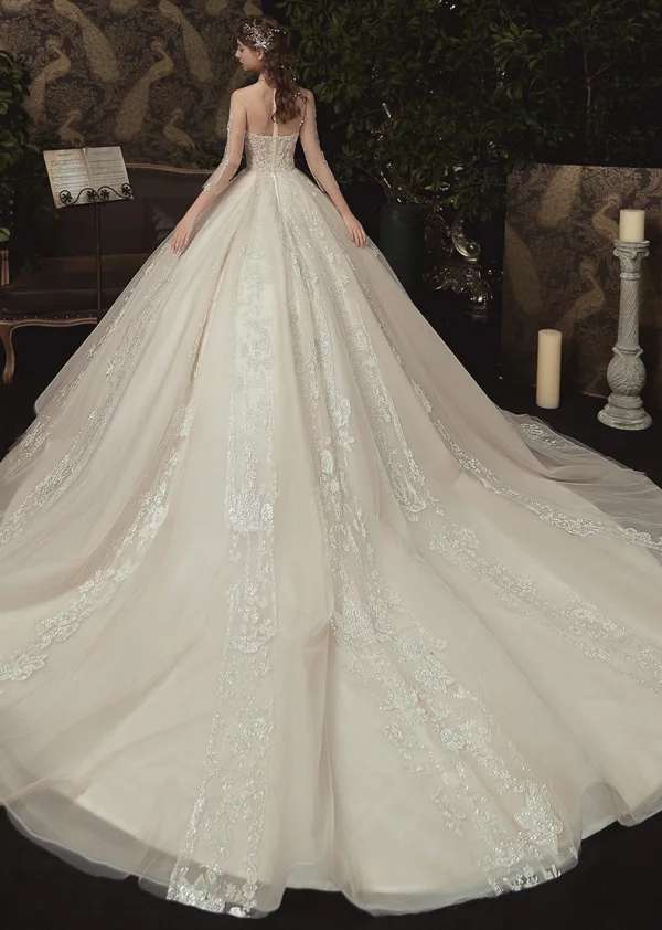 Vintage / Retro Champagne See-through Bridal Wedding Dresses 2020 Ball Gown High Neck 3/4 Sleeve Glitter Appliques Flower Chapel Train Ruffle