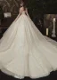 Vintage / Retro Champagne See-through Bridal Wedding Dresses 2020 Ball Gown High Neck 3/4 Sleeve Glitter Appliques Flower Chapel Train Ruffle
