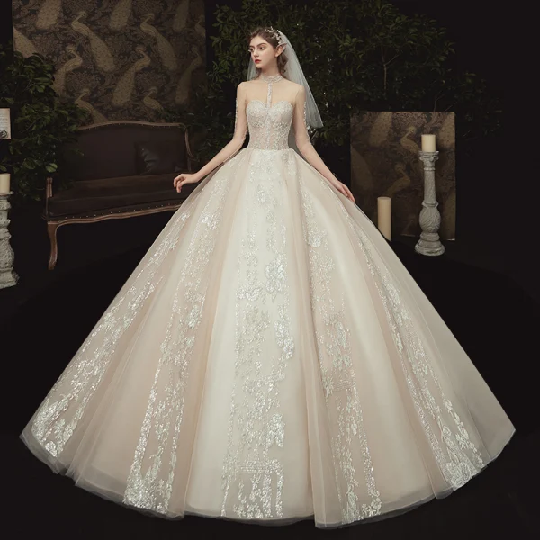 Vintage / Retro Champagne See-through Bridal Wedding Dresses 2020 Ball Gown High Neck 3/4 Sleeve Glitter Appliques Flower Chapel Train Ruffle