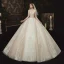 Vintage / Retro Champagne See-through Bridal Wedding Dresses 2020 Ball Gown High Neck 3/4 Sleeve Glitter Appliques Flower Chapel Train Ruffle