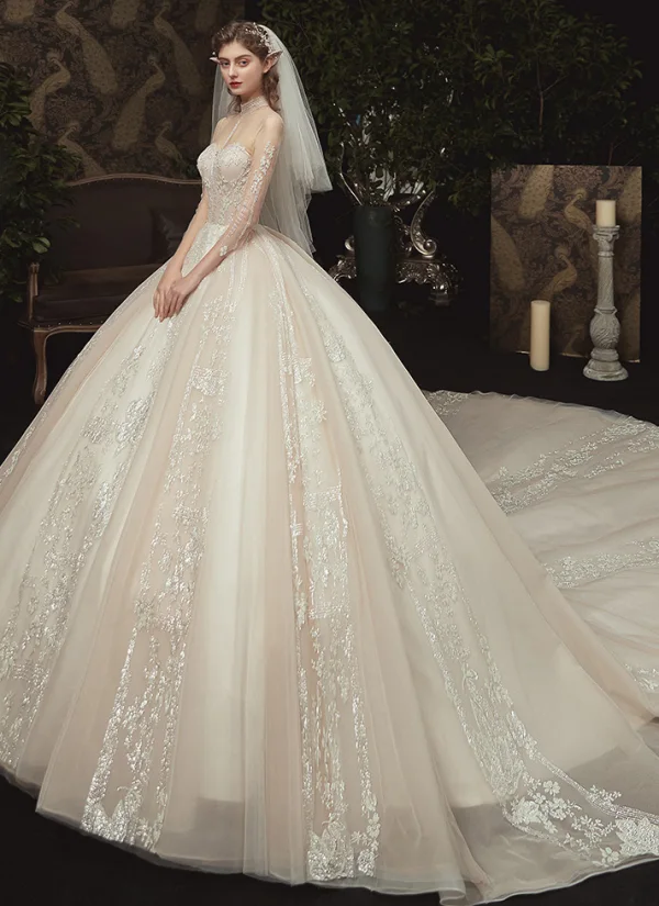 Vintage / Retro Champagne See-through Bridal Wedding Dresses 2020 Ball Gown High Neck 3/4 Sleeve Glitter Appliques Flower Chapel Train Ruffle