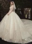 Vintage / Retro Champagne See-through Bridal Wedding Dresses 2020 Ball Gown High Neck 3/4 Sleeve Glitter Appliques Flower Chapel Train Ruffle