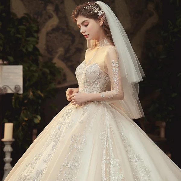 Vintage / Retro Champagne See-through Bridal Wedding Dresses 2020 Ball Gown High Neck 3/4 Sleeve Glitter Appliques Flower Chapel Train Ruffle
