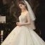 Vintage / Retro Champagne See-through Bridal Wedding Dresses 2020 Ball Gown High Neck 3/4 Sleeve Glitter Appliques Flower Chapel Train Ruffle