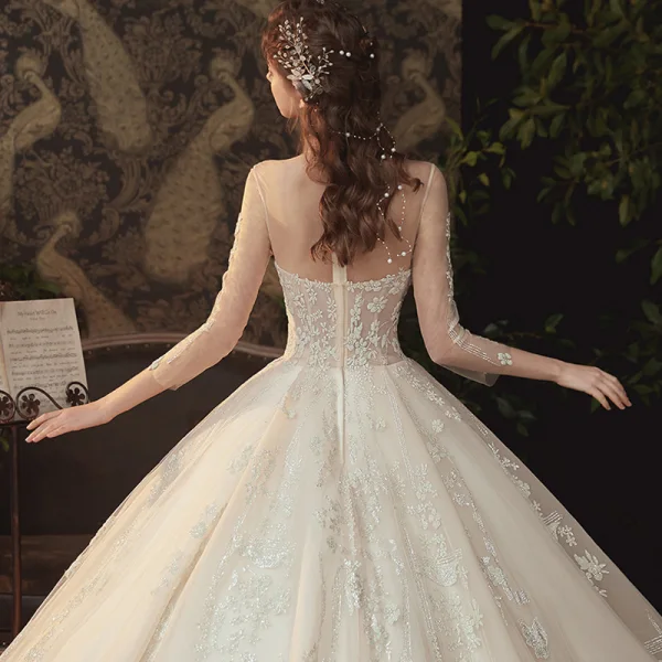 Vintage / Retro Champagne See-through Bridal Wedding Dresses 2020 Ball Gown High Neck 3/4 Sleeve Glitter Appliques Flower Chapel Train Ruffle
