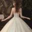 Vintage / Retro Champagne See-through Bridal Wedding Dresses 2020 Ball Gown High Neck 3/4 Sleeve Glitter Appliques Flower Chapel Train Ruffle