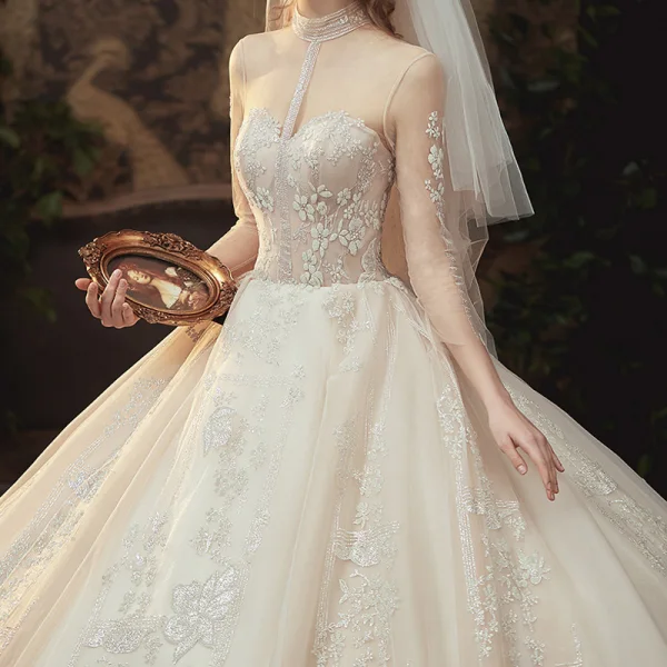 Vintage / Retro Champagne See-through Bridal Wedding Dresses 2020 Ball Gown High Neck 3/4 Sleeve Glitter Appliques Flower Chapel Train Ruffle