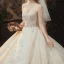 Vintage / Retro Champagne See-through Bridal Wedding Dresses 2020 Ball Gown High Neck 3/4 Sleeve Glitter Appliques Flower Chapel Train Ruffle