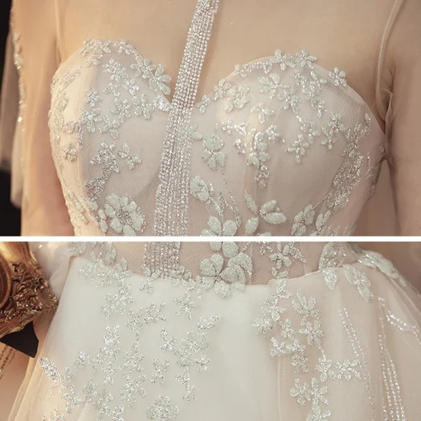 Vintage / Retro Champagne See-through Bridal Wedding Dresses 2020 Ball Gown High Neck 3/4 Sleeve Glitter Appliques Flower Chapel Train Ruffle