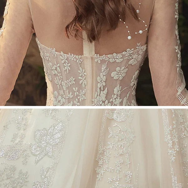 Vintage / Retro Champagne See-through Bridal Wedding Dresses 2020 Ball Gown High Neck 3/4 Sleeve Glitter Appliques Flower Chapel Train Ruffle