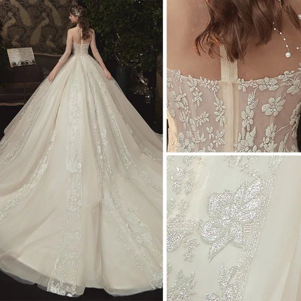Vintage / Retro Champagne See-through Bridal Wedding Dresses 2020 Ball Gown High Neck 3/4 Sleeve Glitter Appliques Flower Chapel Train Ruffle