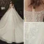 Vintage / Retro Champagne See-through Bridal Wedding Dresses 2020 Ball Gown High Neck 3/4 Sleeve Glitter Appliques Flower Chapel Train Ruffle