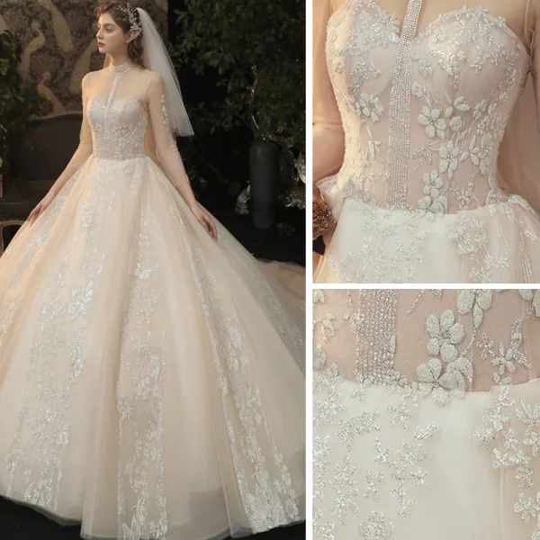 Vintage / Retro Champagne See-through Bridal Wedding Dresses 2020 Ball Gown High Neck 3/4 Sleeve Glitter Appliques Flower Chapel Train Ruffle