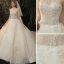 Vintage / Retro Champagne See-through Bridal Wedding Dresses 2020 Ball Gown High Neck 3/4 Sleeve Glitter Appliques Flower Chapel Train Ruffle