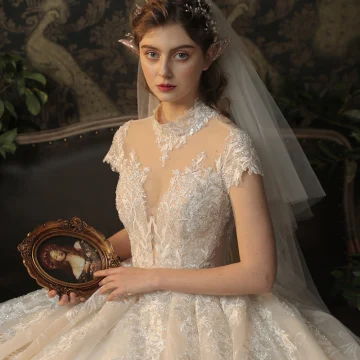 Vintage Originale Champagne Transparentes La Mariée Robe De Mariée 2020 Robe Boule Col Haut Manches Courtes Dos Nu Glitter Appliques En Dentelle Perlage Cathedral Train Volants