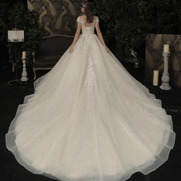 Vintage / Originale Champagne Transparentes La Mariée Robe De Mariée 2020 Robe Boule Col Haut Manches Courtes Dos Nu Glitter Appliques En Dentelle Perlage Cathedral Train Volants