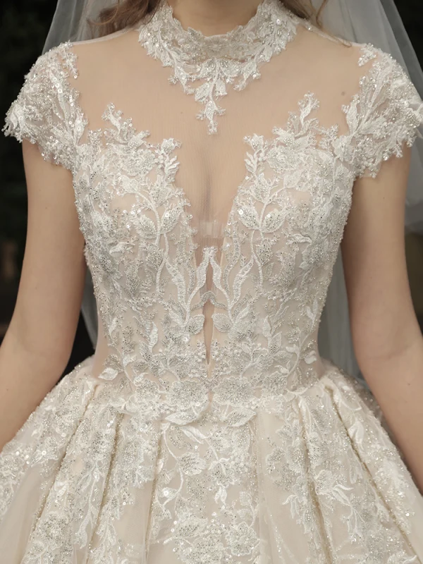 Vintage / Originale Champagne Transparentes La Mariée Robe De Mariée 2020 Robe Boule Col Haut Manches Courtes Dos Nu Glitter Appliques En Dentelle Perlage Cathedral Train Volants