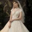 Vintage / Originale Champagne Transparentes La Mariée Robe De Mariée 2020 Robe Boule Col Haut Manches Courtes Dos Nu Glitter Appliques En Dentelle Perlage Cathedral Train Volants