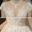 Vintage / Originale Champagne Transparentes La Mariée Robe De Mariée 2020 Robe Boule Col Haut Manches Courtes Dos Nu Glitter Appliques En Dentelle Perlage Cathedral Train Volants
