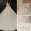Vintage / Originale Champagne Transparentes La Mariée Robe De Mariée 2020 Robe Boule Col Haut Manches Courtes Dos Nu Glitter Appliques En Dentelle Perlage Cathedral Train Volants