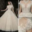 Vintage / Originale Champagne Transparentes La Mariée Robe De Mariée 2020 Robe Boule Col Haut Manches Courtes Dos Nu Glitter Appliques En Dentelle Perlage Cathedral Train Volants