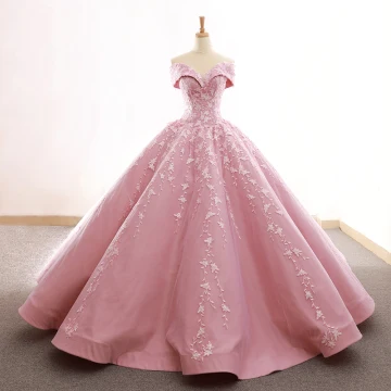 High End Candy Pink Prom Dresses 2023 Ball Gown Off The Shoulder Short Sleeve Flower Appliques Lace Sweep Train Ruffle Backless Formal Dresses