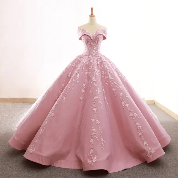 High-end Candy Pink Prom Dresses 2023 Ball Gown Off-The-Shoulder Short Sleeve Flower Appliques Lace Sweep Train Ruffle Backless Formal Dresses
