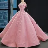 High-end Candy Pink Prom Dresses 2023 Ball Gown Off-The-Shoulder Short Sleeve Flower Appliques Lace Sweep Train Ruffle Backless Formal Dresses