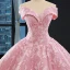 High End Pink Ballkleider 2023 Ballkleid Off Shoulder Kurze Ärmel Blumen Applikationen Spitze Sweep / Pinsel Zug Rüschen Rückenfreies Festliche Kleider