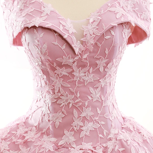 High End Pink Ballkleider 2023 Ballkleid Off Shoulder Kurze Ärmel Blumen Applikationen Spitze Sweep / Pinsel Zug Rüschen Rückenfreies Festliche Kleider